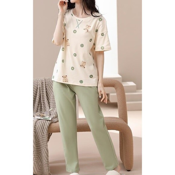 100% Cotton Women Pajama Set 2Pcs Short Sleeve Pullover Top Sleepwear Soft - Picture 5 of 8